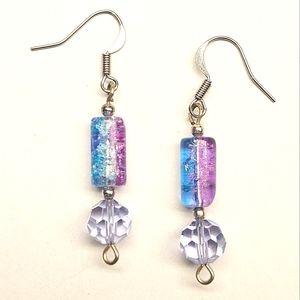 Blue and Pink Crackled Glass Beaded Earrings